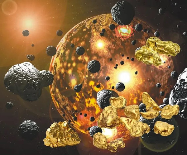 gold pieces floating in space, highlighting their origins from supernova nucleosynthesis and neutron star collisions