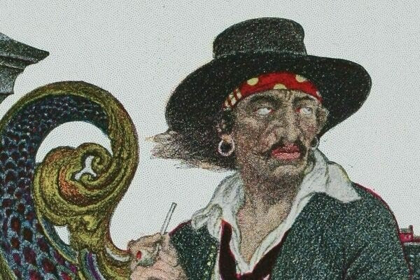 a pirate wearing gold creole earrings as a form of insurance, believing that gold could cover funeral costs if his body washed ashore after dying at sea
