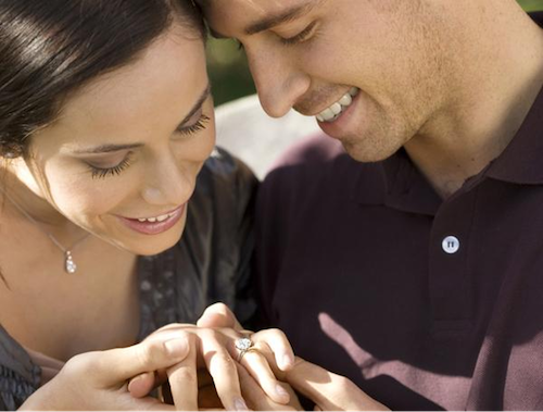 Man and woman admiring the engagement ring which he proposed with