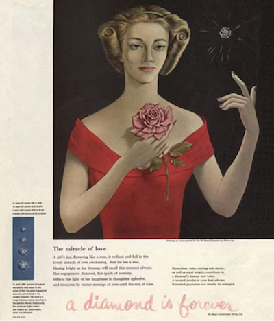 vintage advertisement featuring a woman holding a rose and pointing to a diamond, known for the famous ‘a diamond is forever’ campaign by De Beers