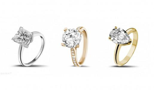 Three diamond engagement rings from the BAUNAT collection priced between €25,000 and €50,000.