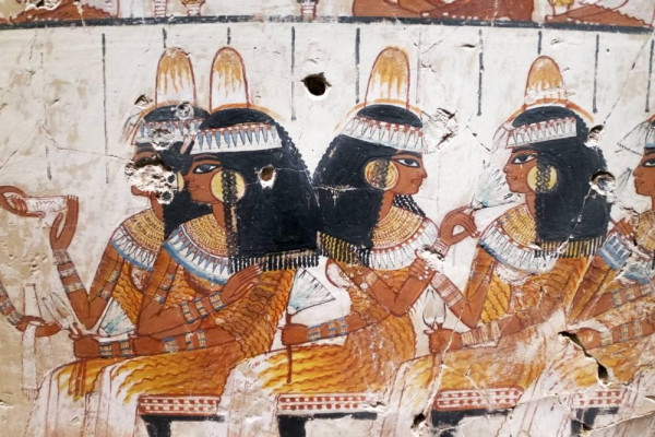 Egyptian hieroglyphs - painting of ancient Egyptian women in traditional clothing, showcasing ancient Egypt wedding rings