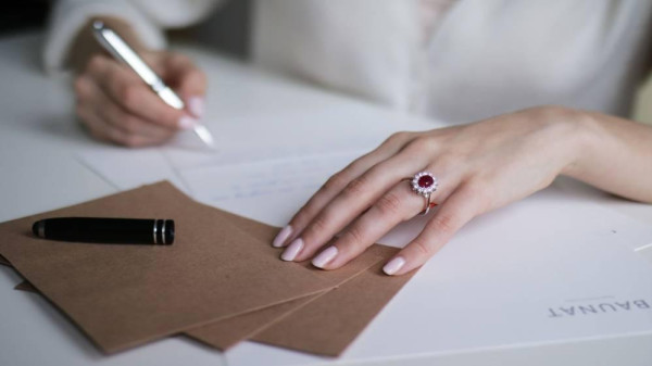 Woman wears ruby wedding ring on her left hand - BAUNAT