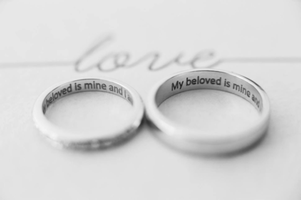 Elegant wedding rings displayed with heartfelt love quotes engraved, adding an extra layer of good fortune