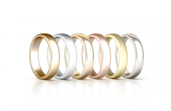 six custom engagement rings made of various precious metals such as red gold, white gold, yellow gold and platinum displayed on a clean white background.