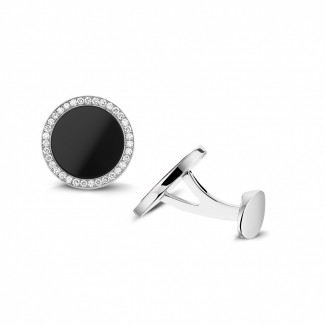 Erkek takıları - Oniks ve yuvarlak pırlantalı beyaz altın kol düğmeleri