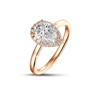 1.00Ct armut pırlantalı kırmızı altın halo yüzük