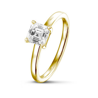 Süslü şekilli mücevherler - 1.00 karat asscher kesim pırlantalı sarı altın tektaş yüzük