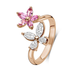 Yüzükler - Kırmızı altından Pırlanta ve Pembe Safir ile Flowers ve Kelebek kombinasyon yüzük