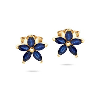 Sarı Altından Markiz Kesim Mavi Safir Yapraklı Flowers Küpe