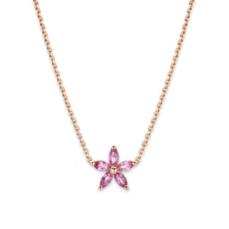 Kırmızı Altından Markiz Kesim Pembe Safir Yapraklı Flowers Kolye