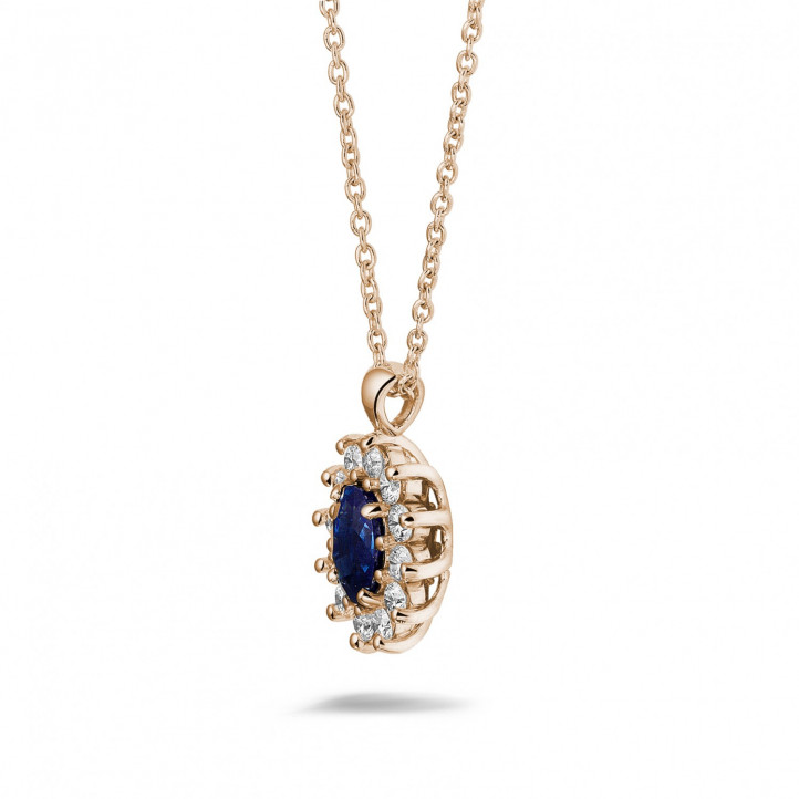 Oval safir ve yuvarlak pırlantalı kırmızı altın Entourage kolye ucu