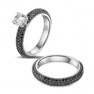 钻石戒指 - 0.50克拉白金单钻戒指 - 戒托群镶黑钻(半环镶钻)