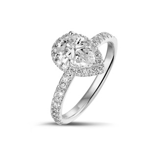 钻石求婚戒指 - 1.00克拉Halo光环梨形切工围镶白金戒指