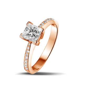 钻石戒指 - 1.00克拉玫瑰金公主方钻戒指 - 戒托群镶小钻