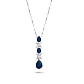 白金钻石项链，镶嵌一颗梨形蓝宝石和两颗椭圆形蓝宝石