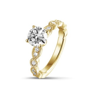 钻石戒指 - 1.00 克拉黄金单钻可叠戴钻戒，镶嵌圆形钻石和榄尖形设计