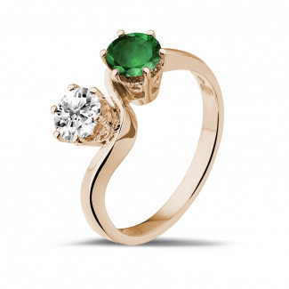 钻石求婚戒指 - 你和我1.00克拉 双宿双栖 祖母绿宝石玫瑰金钻石戒指