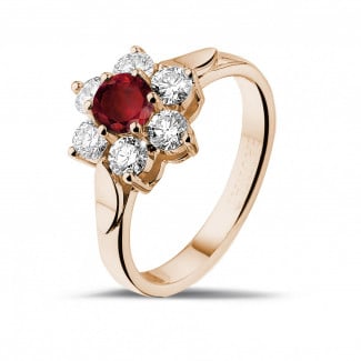 钻石求婚戒指 - 花之恋圆形红宝石玫瑰金钻石戒指