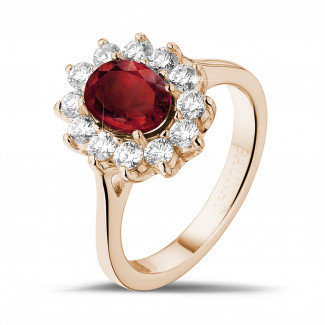 钻石求婚戒指 - 玫瑰金红宝石群镶钻石戒指