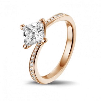 钻石戒指 - 1.00克拉玫瑰金公主方钻戒指 - 戒托群镶小钻