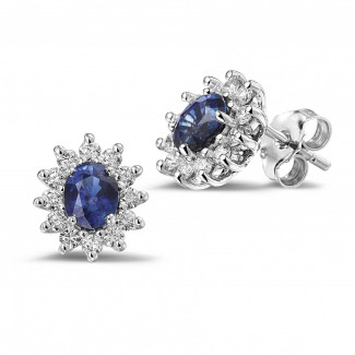 镶嵌红宝石、蓝宝石和祖母绿的钻石珠宝 - 白金椭圆形蓝宝石耳钉