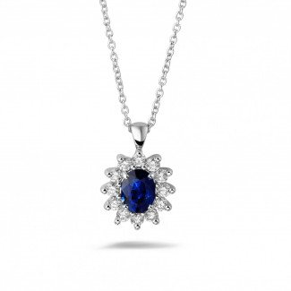 镶嵌红宝石、蓝宝石和祖母绿的钻石珠宝 - 白金椭圆形蓝宝石项链