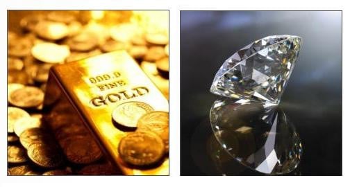 左侧为金条与金币的投资黄金特写，右侧为一颗梨形切工钻石，透明闪耀，置于深色镜面上呈现高净度反射效果